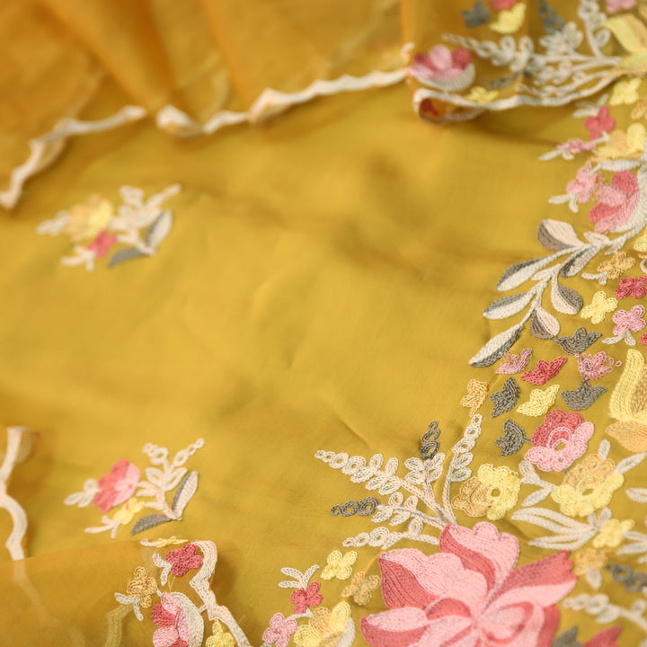 Rivva Canary Yellow with Kashida Embroidered Hem Modal Suit Set