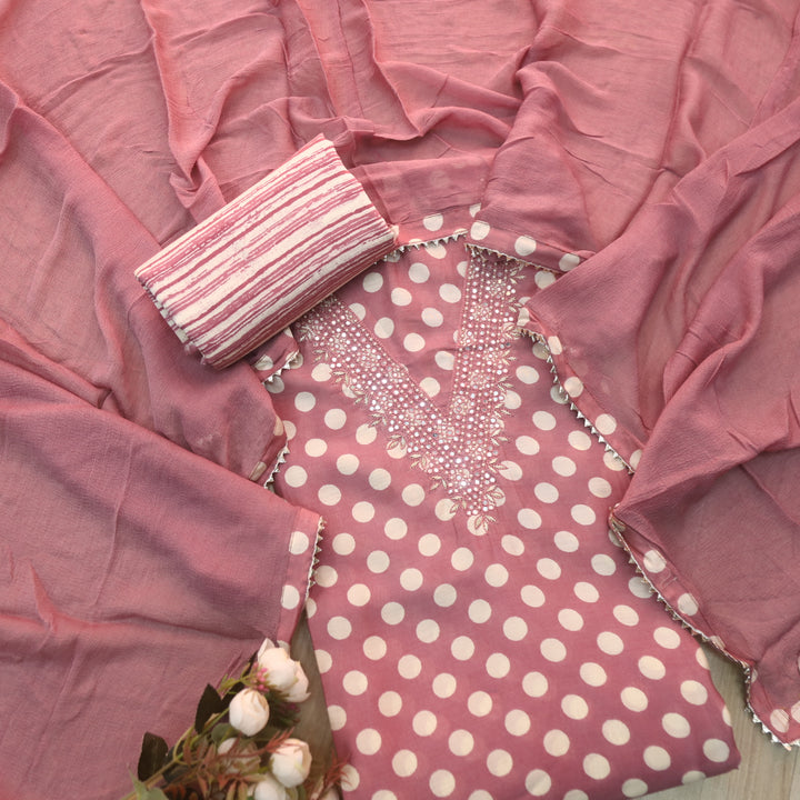 Rahi Dark Mauve V Neck Moti with Patra In Polka Dot Print Modal Suit Set