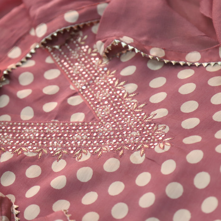 Rahi Dark Mauve V Neck Moti with Patra In Polka Dot Print Modal Suit Set