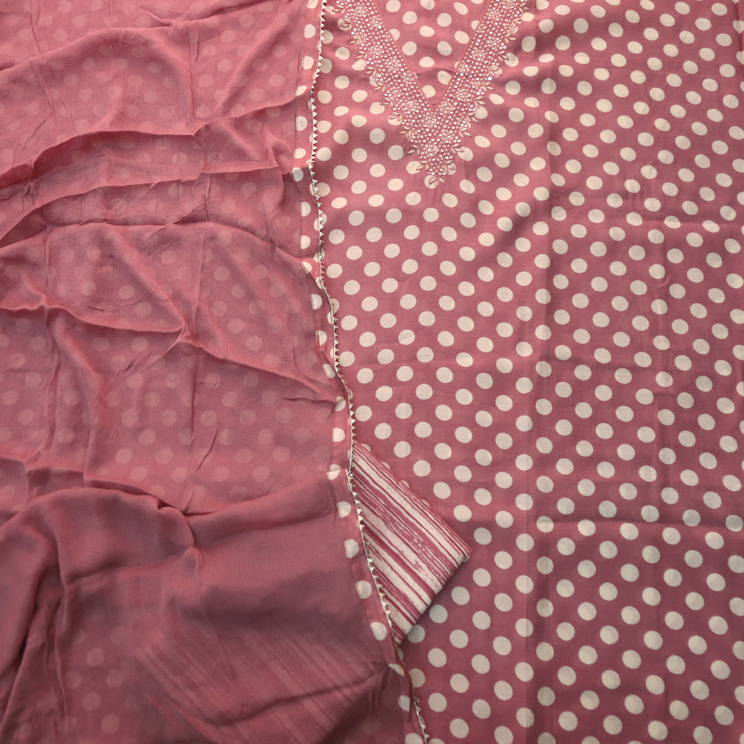 Rahi Dark Mauve V Neck Moti with Patra In Polka Dot Print Modal Suit Set