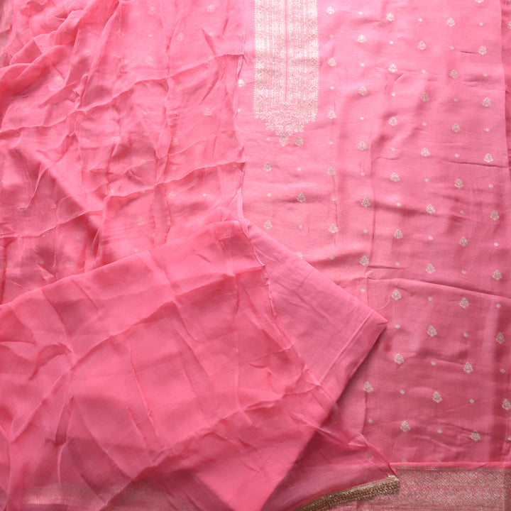 Bebaak Baby Pink Zari Weaved Neck Dola Silk Suit Set