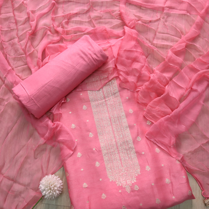 Bebaak Baby Pink Zari Weaved Neck Dola Silk Suit Set