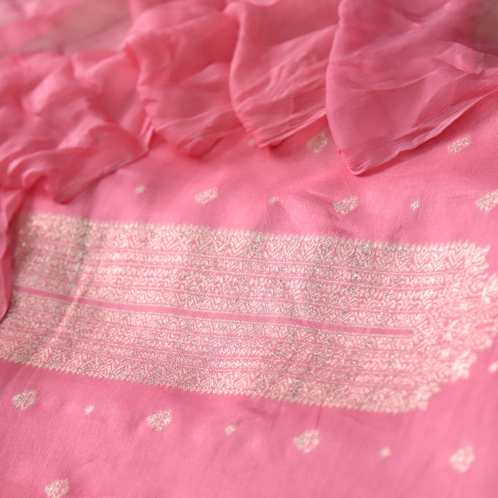 Bebaak Baby Pink Zari Weaved Neck Dola Silk Suit Set