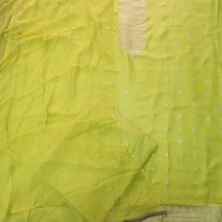 Bebaak Pineapple Yellow Zari Weaved Neck Dola Silk Suit Set