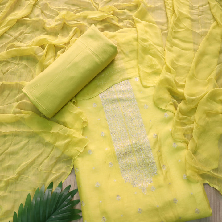 Bebaak Pineapple Yellow Zari Weaved Neck Dola Silk Suit Set