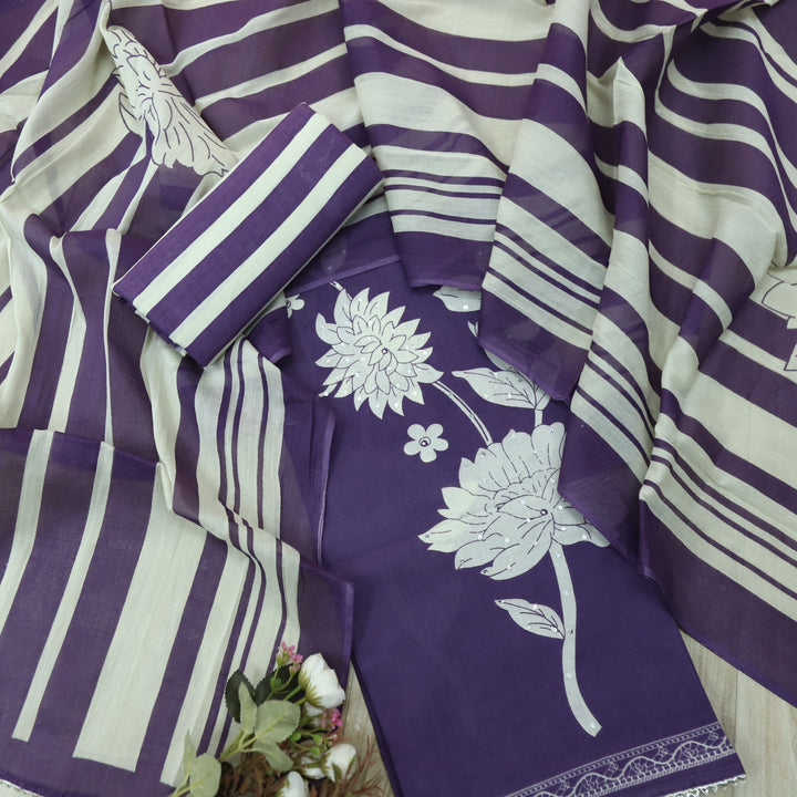 Ruaa Blueberry Purple Patra Work in Digital Floral Printed Cotton Suit Set