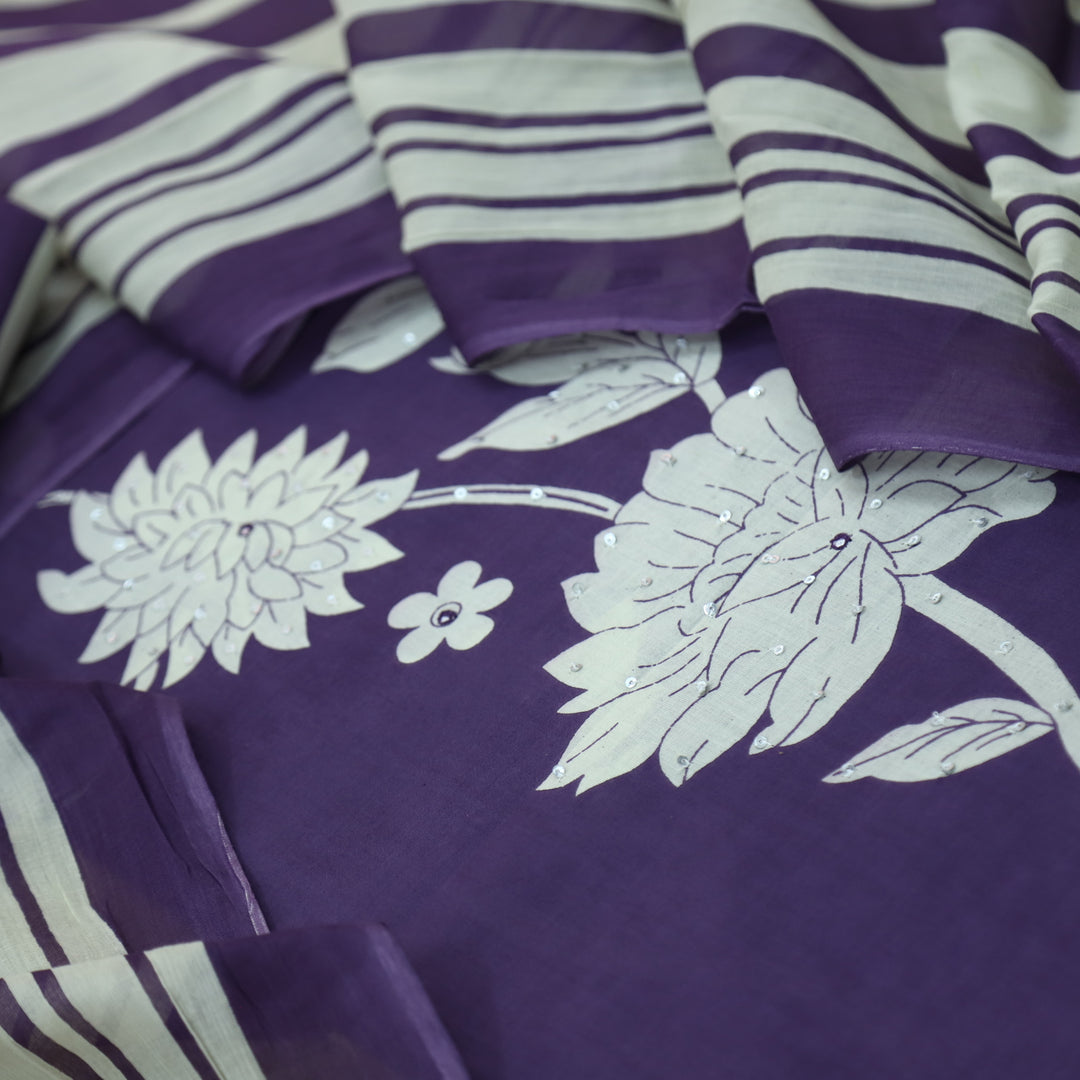Ruaa Blueberry Purple Patra Work in Digital Floral Printed Cotton Suit Set