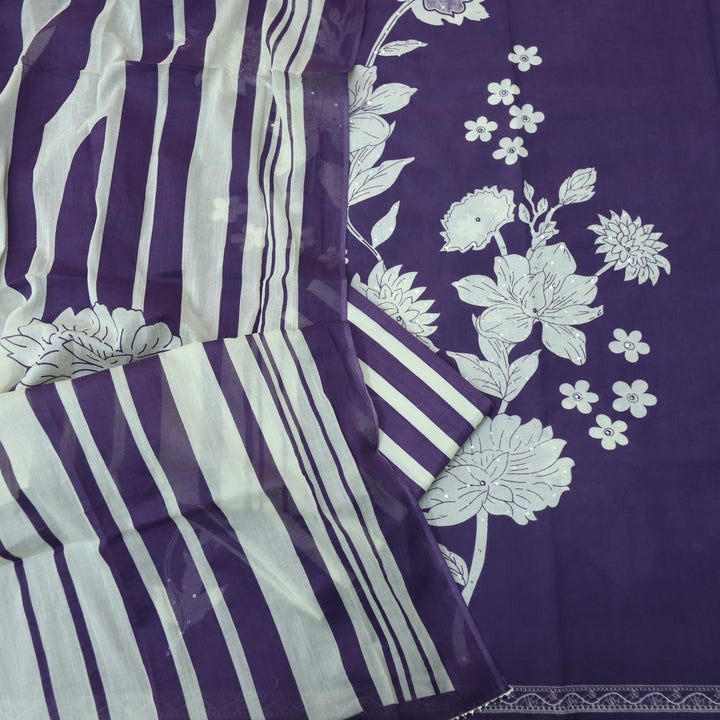 Ruaa Blueberry Purple Patra Work in Digital Floral Printed Cotton Suit Set