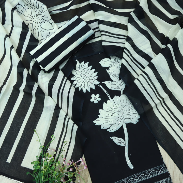 Ruaa Raven Black Patra Work in Digital Floral Printed Cotton Suit Set