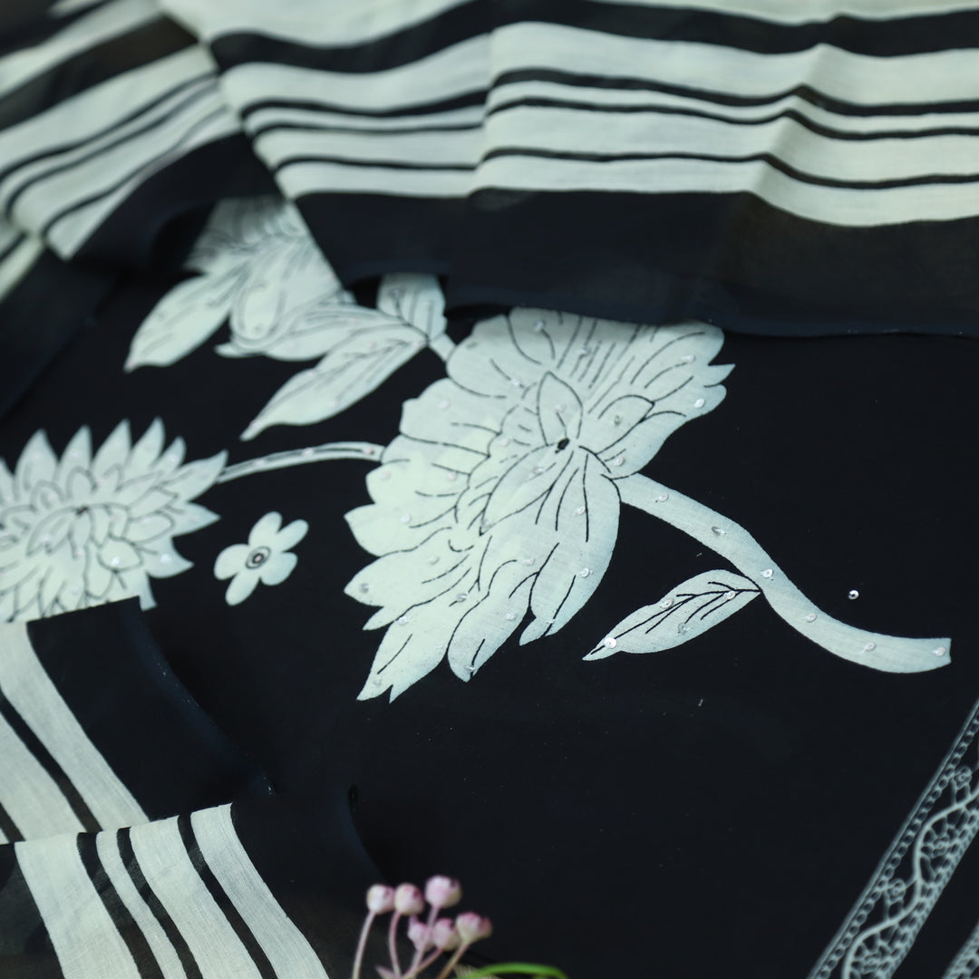 Ruaa Raven Black Patra Work in Digital Floral Printed Cotton Suit Set