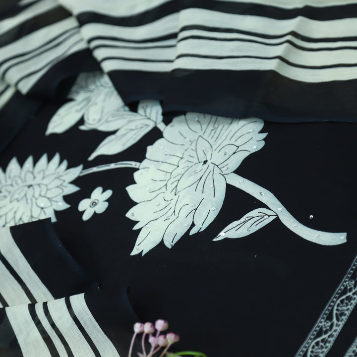 Ruaa Raven Black Patra Work in Digital Floral Printed Cotton Suit Set