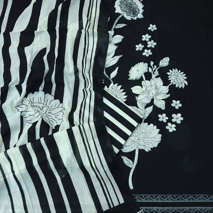 Ruaa Raven Black Patra Work in Digital Floral Printed Cotton Suit Set