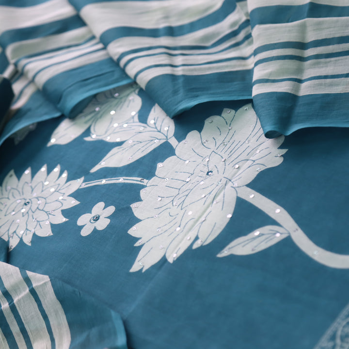 Ruaa Teal Blue Patra Work in Digital Floral Printed Cotton Suit Set