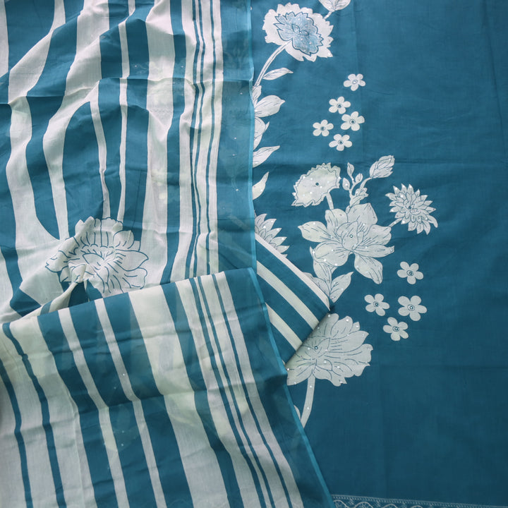 Ruaa Teal Blue Patra Work in Digital Floral Printed Cotton Suit Set