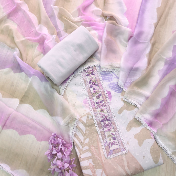 Diwani Soft Lilac Schiffli With Lace Patch Work Printed Cotton Suit Set