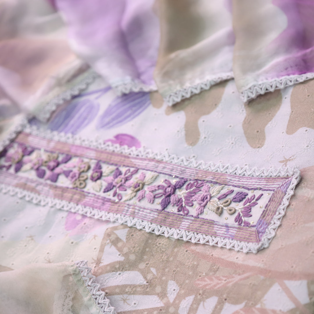 Diwani Soft Lilac Schiffli With Lace Patch Work Printed Cotton Suit Set