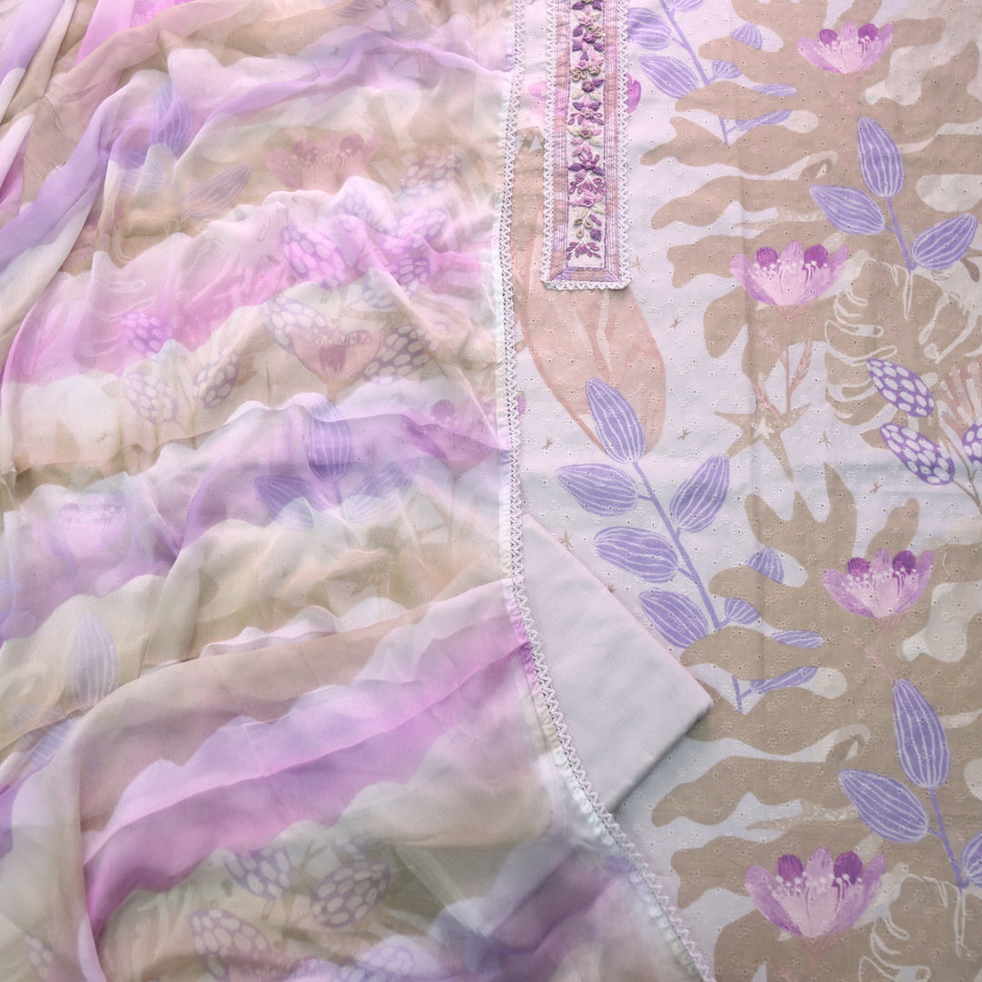 Diwani Soft Lilac Schiffli With Lace Patch Work Printed Cotton Suit Set