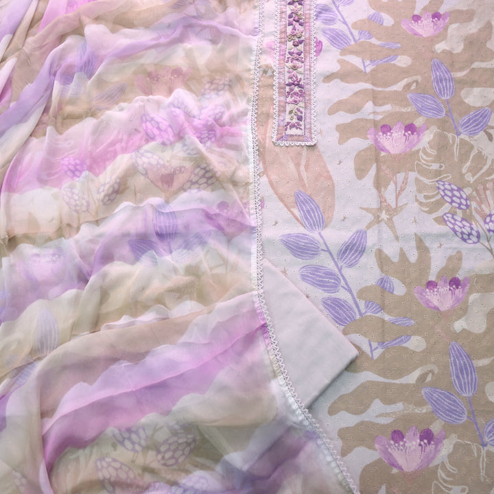 Diwani Soft Lilac Schiffli With Lace Patch Work Printed Cotton Suit Set