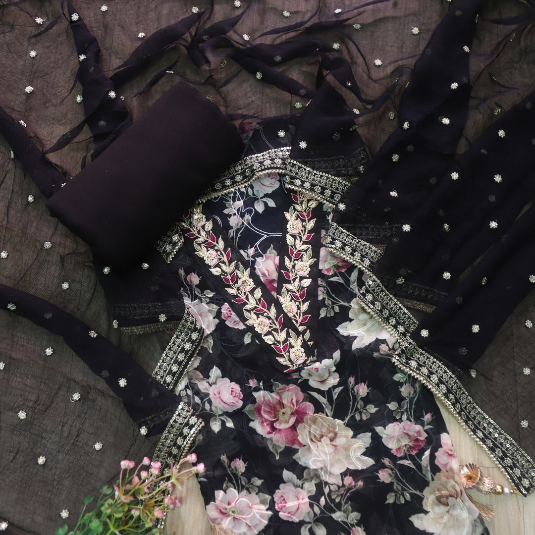 Naaz Black Floral Printed V Embellished Neck Work Georgette Suit Set