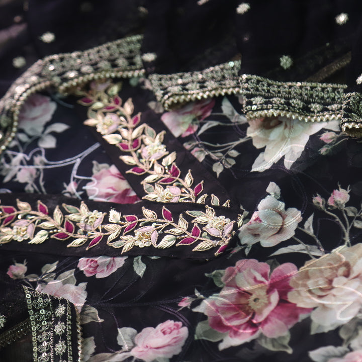 Naaz Black Floral Printed V Embellished Neck Work Georgette Suit Set