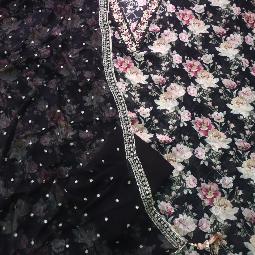 Naaz Black Floral Printed V Embellished Neck Work Georgette Suit Set