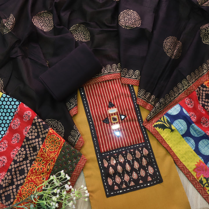 Sufani Dijon Yellow Kutch Fusion Neck with Mirror Cotton Suit Set