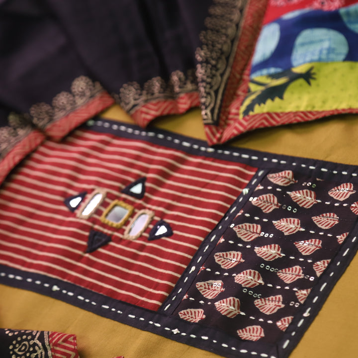 Sufani Dijon Yellow Kutch Fusion Neck with Mirror Cotton Suit Set