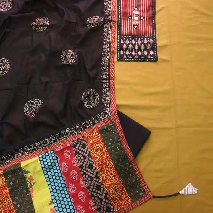 Sufani Dijon Yellow Kutch Fusion Neck with Mirror Cotton Suit Set