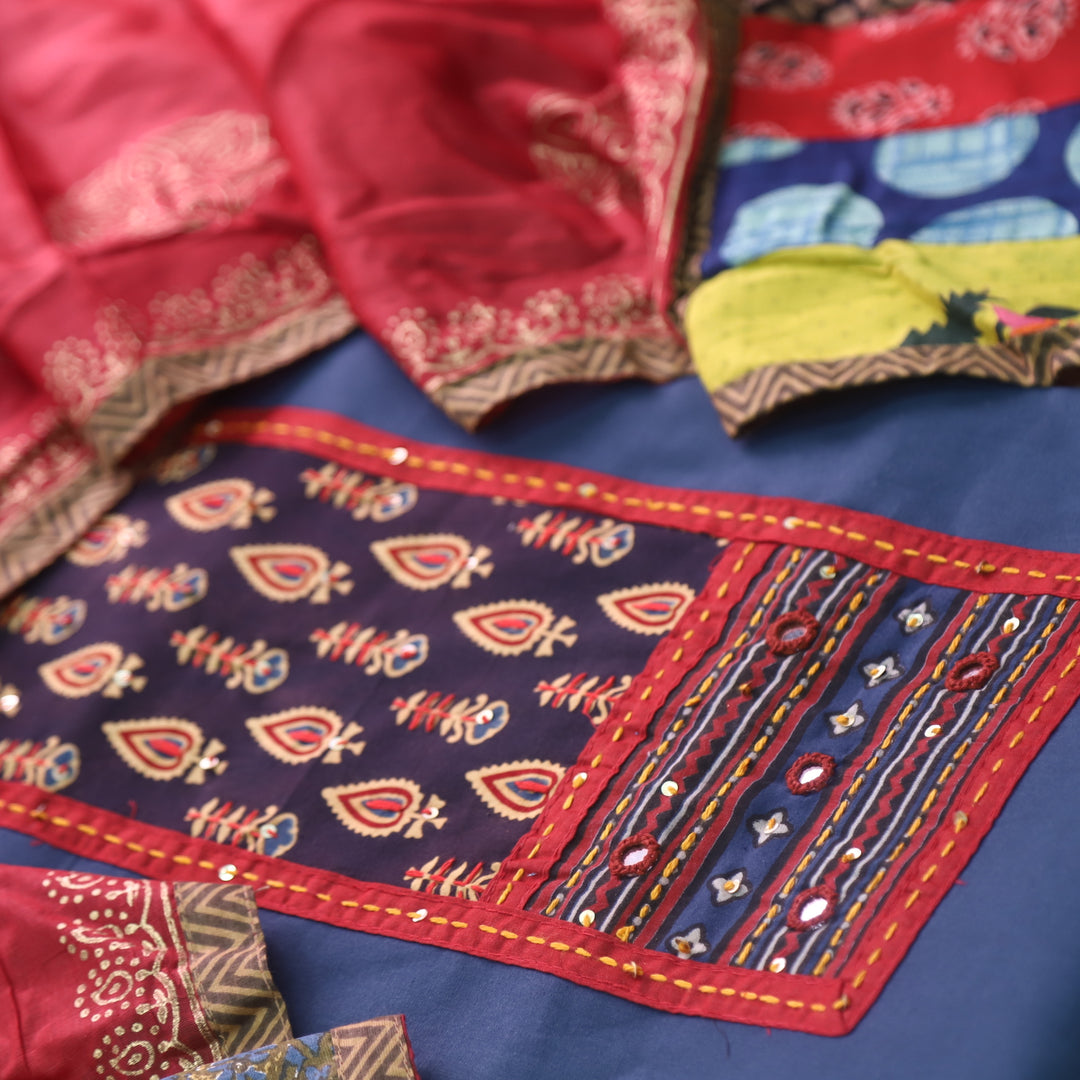 Sufani Denim Blue Kutch Fusion Neck with Mirror Cotton Suit Set
