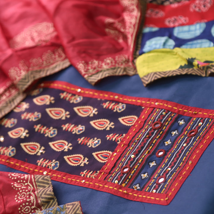 Sufani Denim Blue Kutch Fusion Neck with Mirror Cotton Suit Set