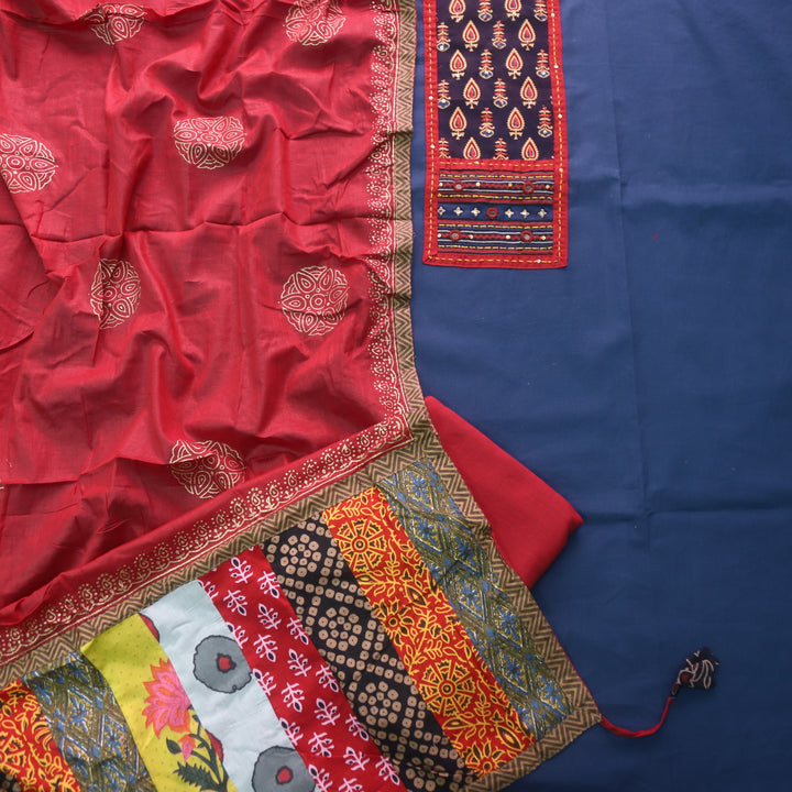 Sufani Denim Blue Kutch Fusion Neck with Mirror Cotton Suit Set