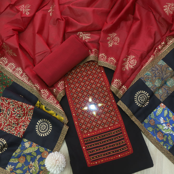 Sufani Cloud Black Kutch Fusion Neck with Mirror Cotton Suit Set
