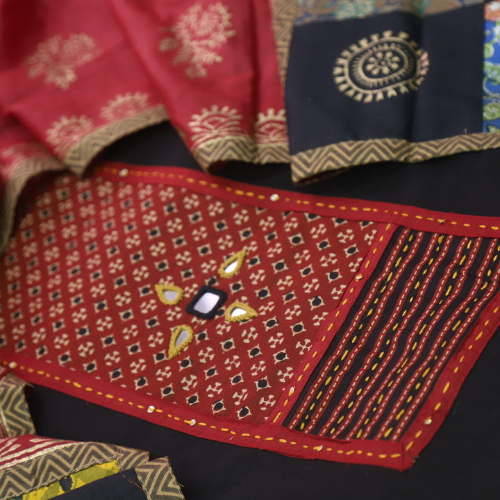 Sufani Cloud Black Kutch Fusion Neck with Mirror Cotton Suit Set