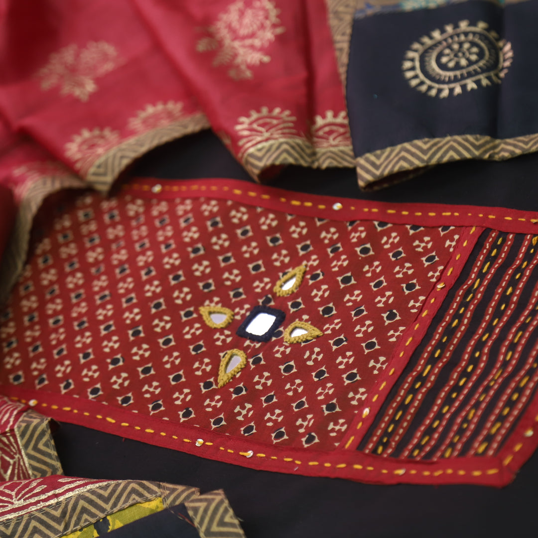 Sufani Cloud Black Kutch Fusion Neck with Mirror Cotton Suit Set