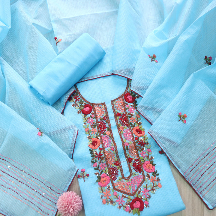 Rasiya Cyan Blue Thread Embriodered Neck Work Kota Doriya Suit Set