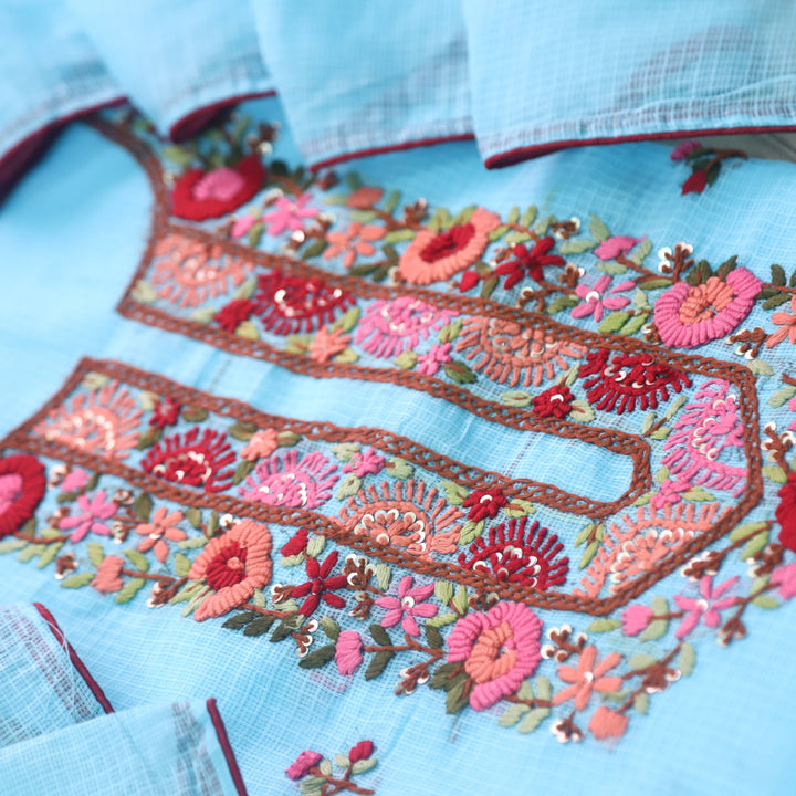 Rasiya Cyan Blue Thread Embriodered Neck Work Kota Doriya Suit Set