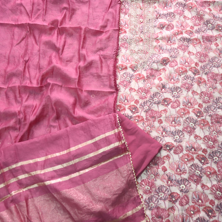 Salaami Beige With Pink Floral Printed Embellish Zari Neck Modal Suit Set