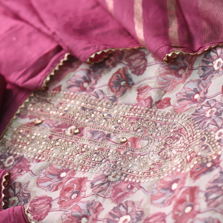 Salaami Beige With Pink Floral Printed Embellish Zari Neck Modal Suit Set