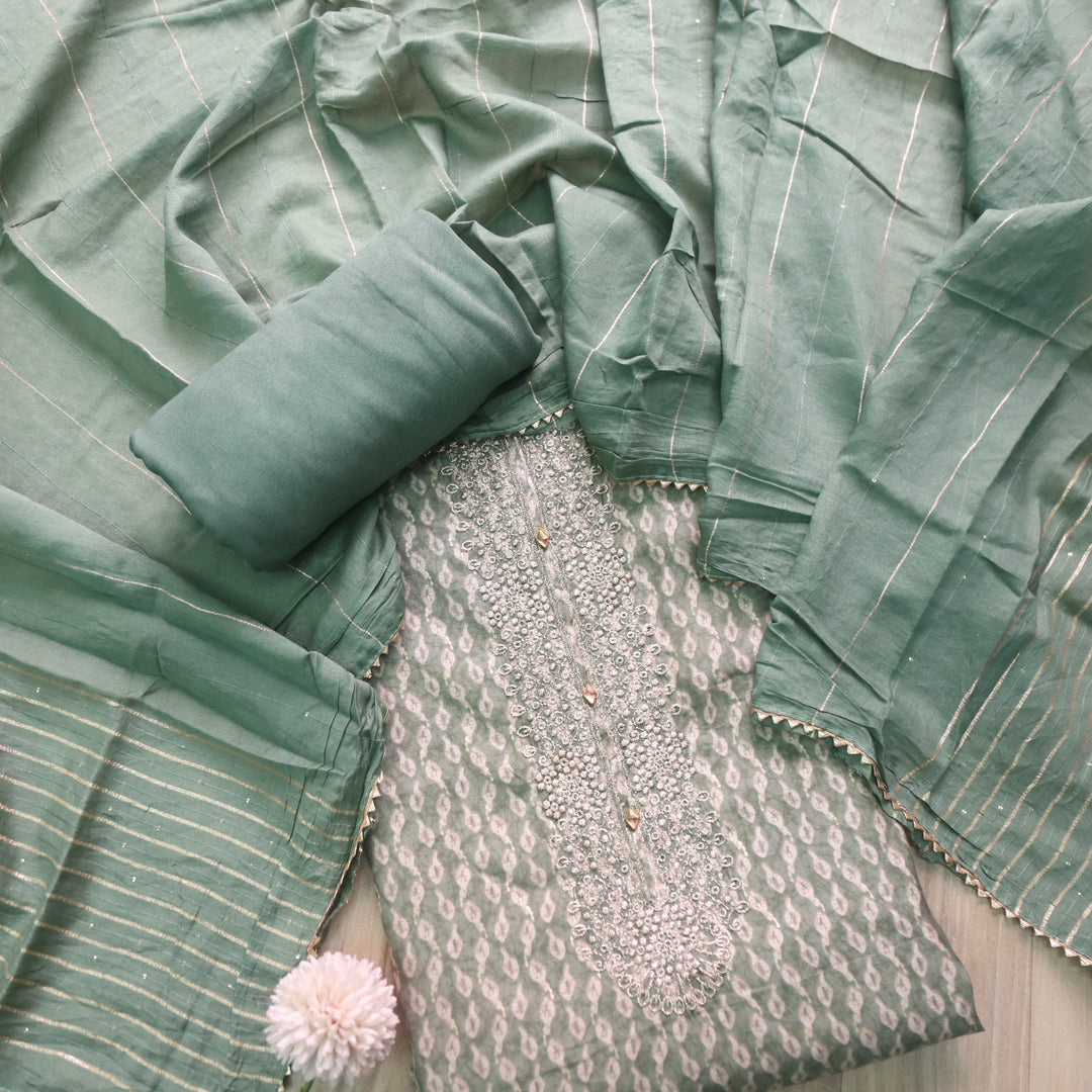 Salaami Sage Green Printed Embellish Zari Neck Work Modal Suit Set