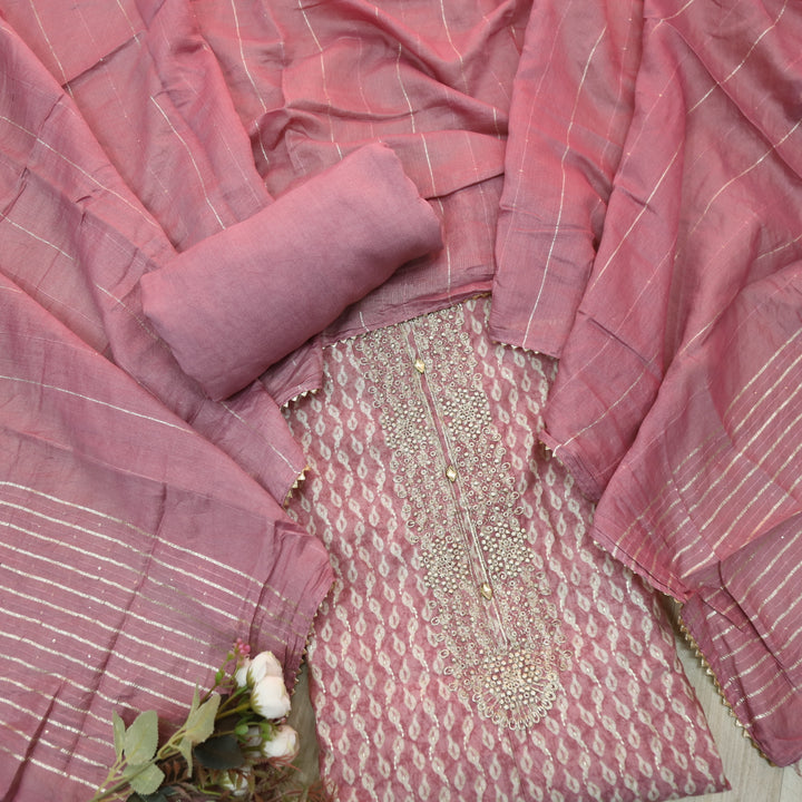 Salaami Mauve Pink Printed Embellish Zari Neck Work Modal Suit Set
