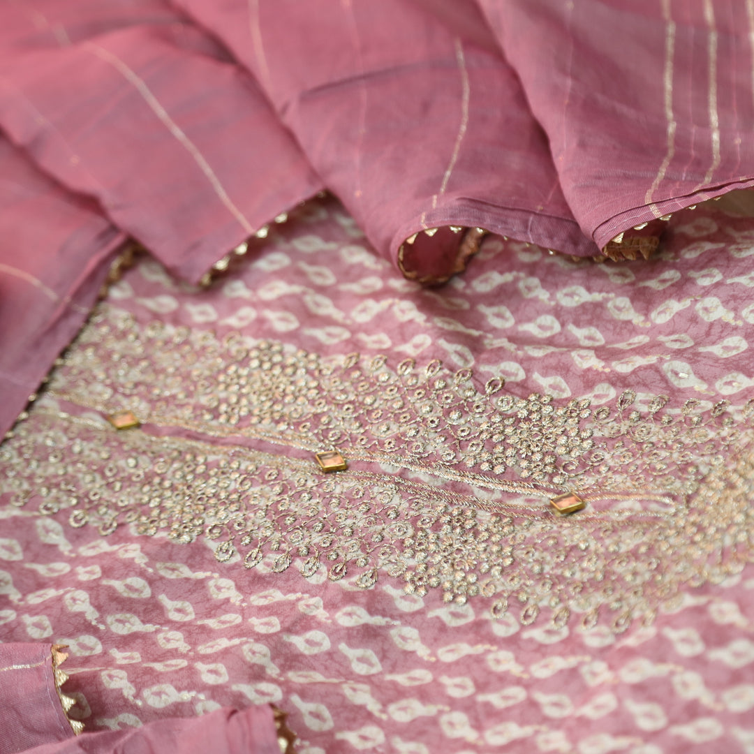 Salaami Mauve Pink Printed Embellish Zari Neck Work Modal Suit Set