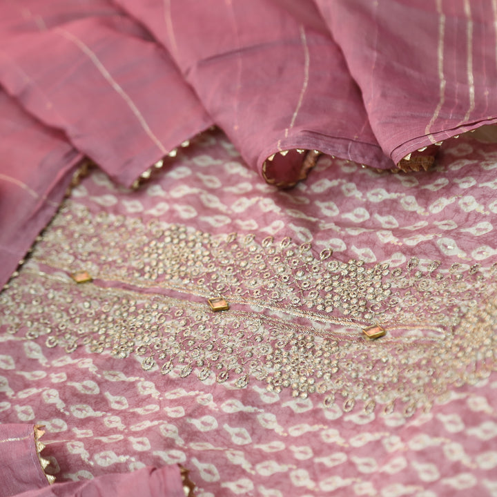Salaami Mauve Pink Printed Embellish Zari Neck Work Modal Suit Set
