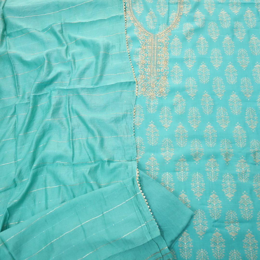 Salaami Cyan Turquirse Printed Embellish Zari Neck Work Modal Suit Set