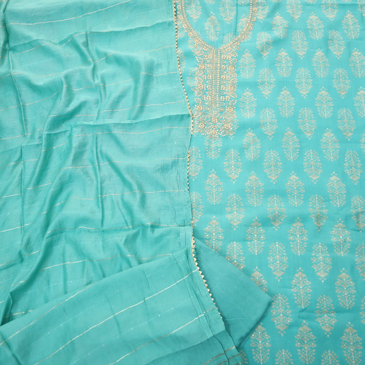 Salaami Cyan Turquirse Printed Embellish Zari Neck Work Modal Suit Set