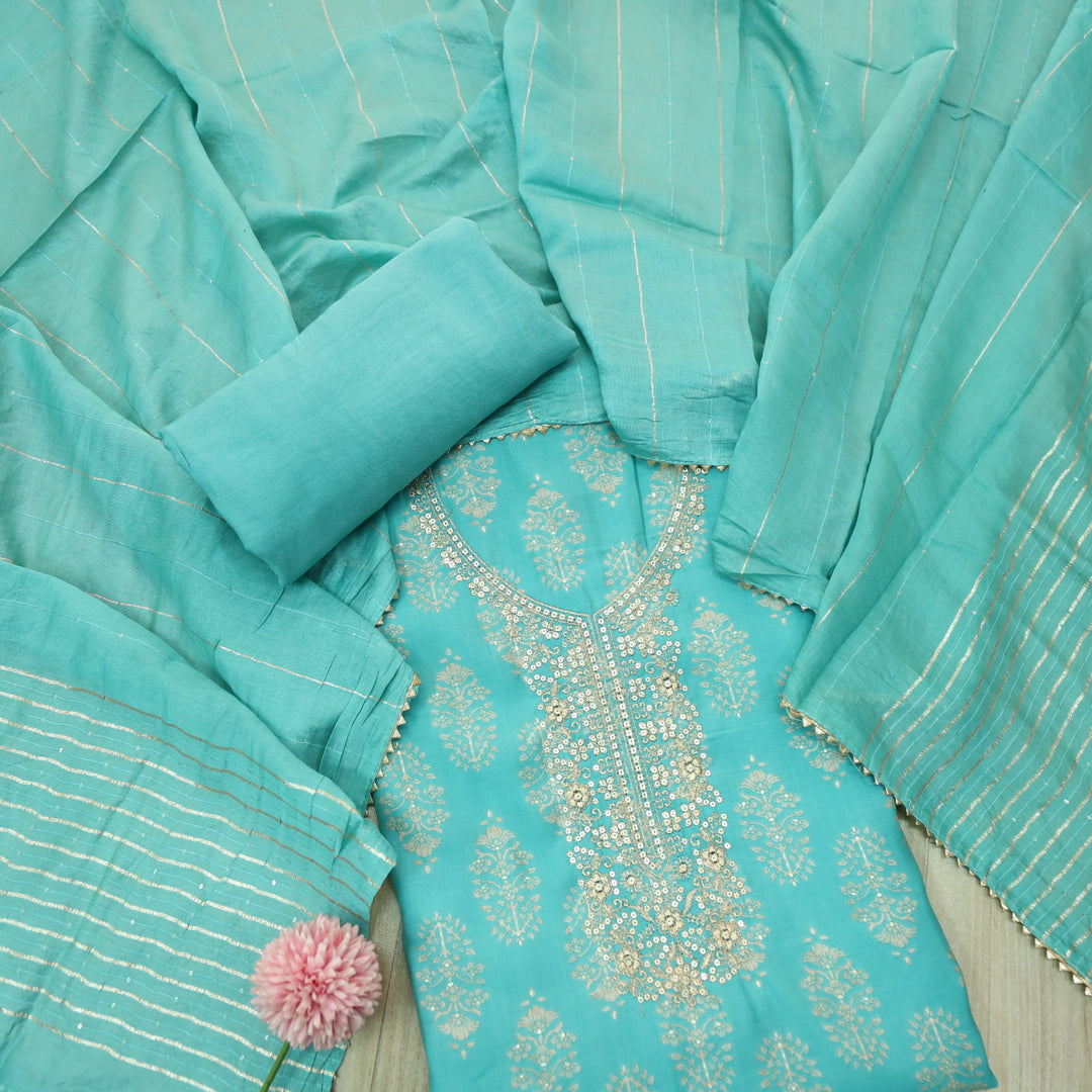 Salaami Cyan Turquirse Printed Embellish Zari Neck Work Modal Suit Set