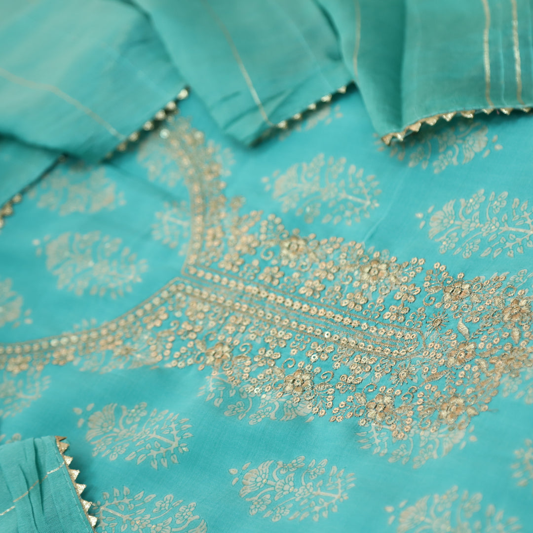 Salaami Cyan Turquirse Printed Embellish Zari Neck Work Modal Suit Set