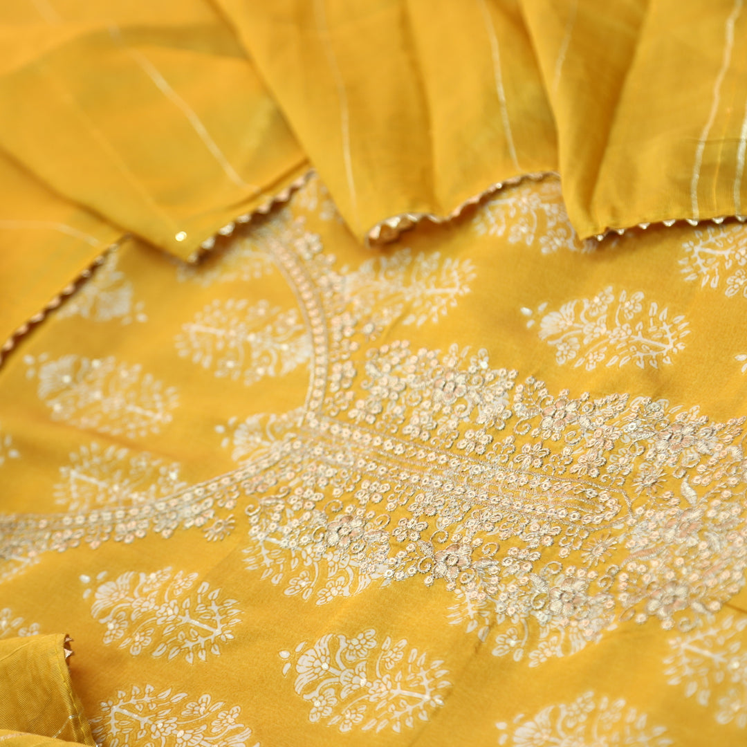 Salaami Dandelion Yellow Printed Embellish Zari Neck Work Modal Suit Set