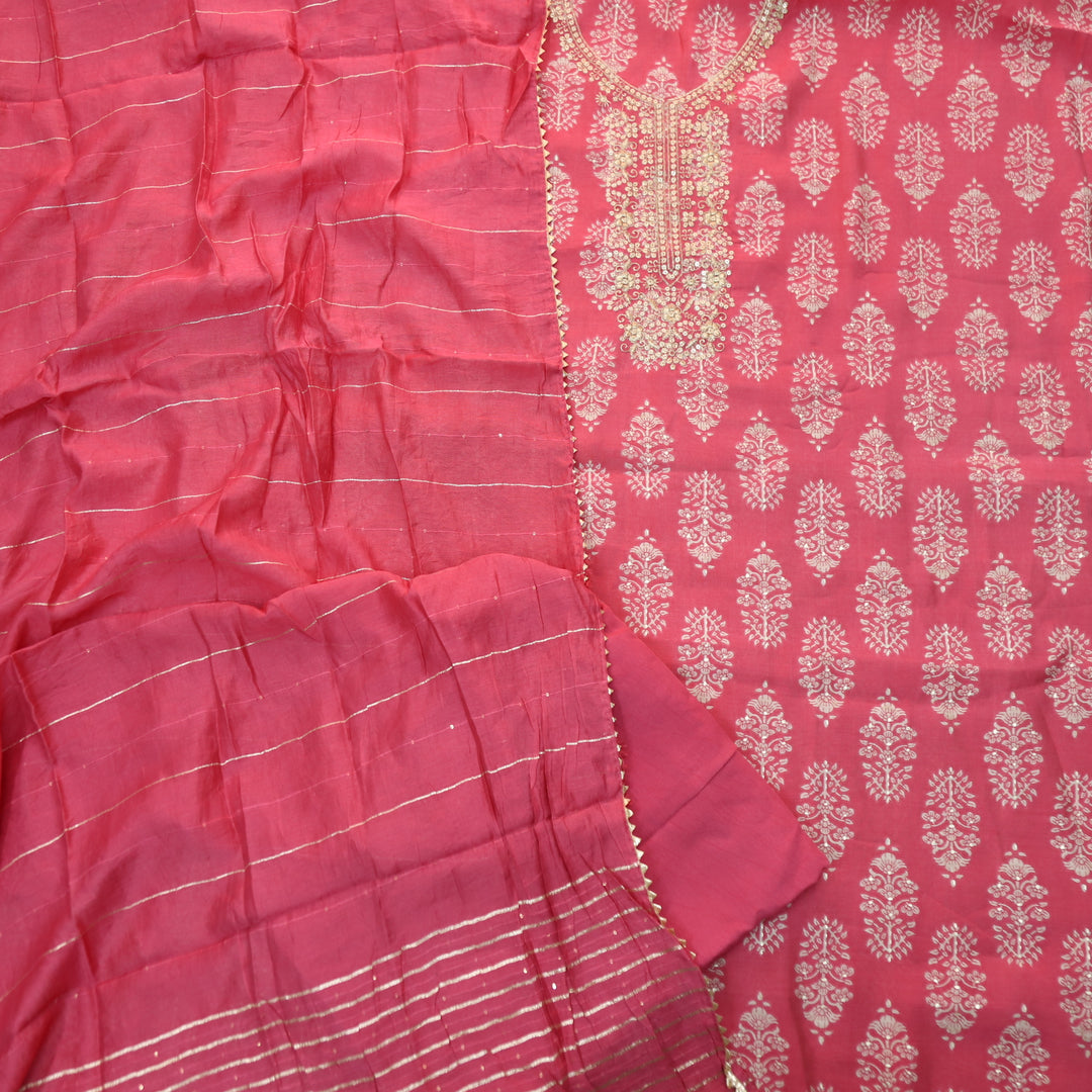 Salaami Blush Pink Printed Embellish Zari Neck Work Modal Suit Set