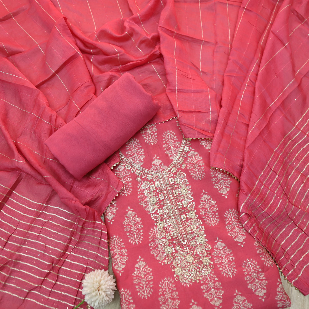 Salaami Blush Pink Printed Embellish Zari Neck Work Modal Suit Set