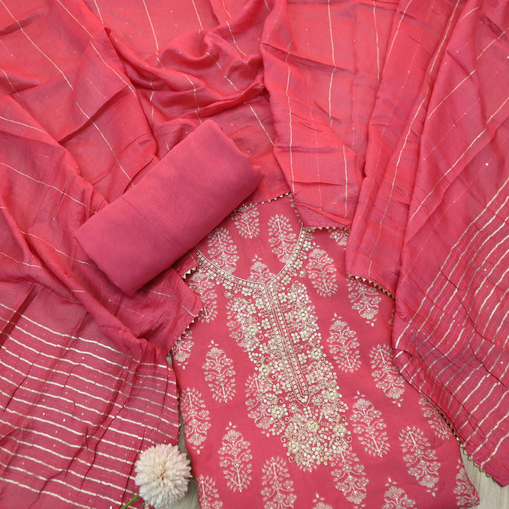Salaami Blush Pink Printed Embellish Zari Neck Work Modal Suit Set